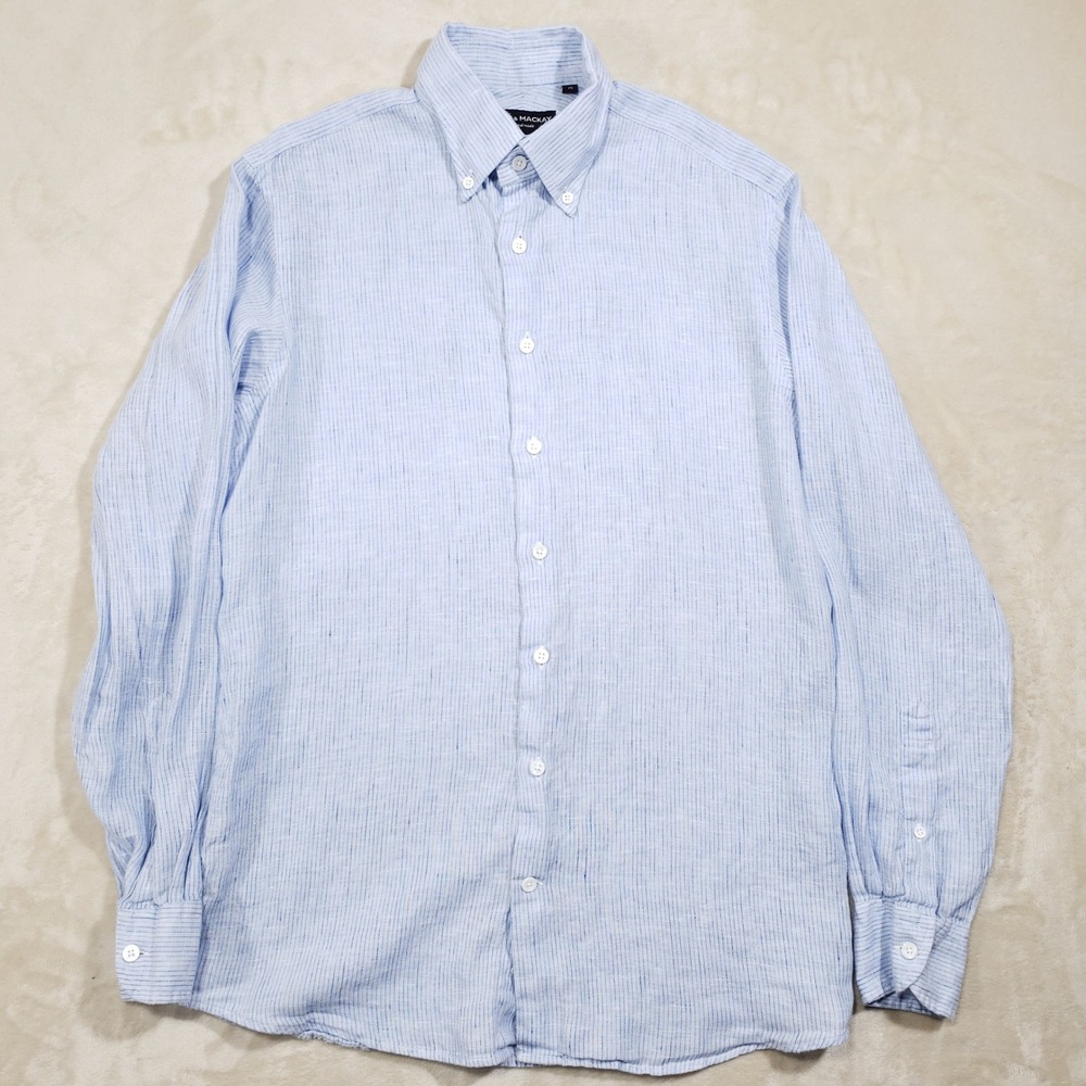 Spier & Mackay Button Down Shirt Mens 15 Blue Linen Contemporary Stripe Luxury